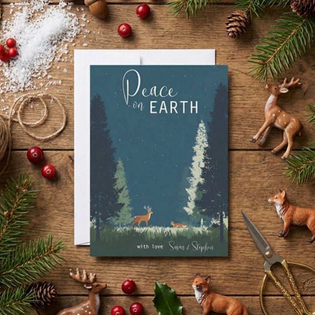 Cartão De Festividades Peace on Earth Woodland Evergreen Forest  (Criador carregado)