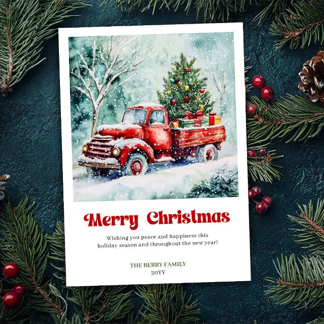 Cartão De Festividades Peaceful Rustic Red Truck Christmas Scene Greeting (Peaceful Rustic Red Truck Christmas Scene Greeting Holiday Card )