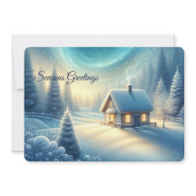 Peaceful Winter Cabin Seasons Greetings Flat Card 