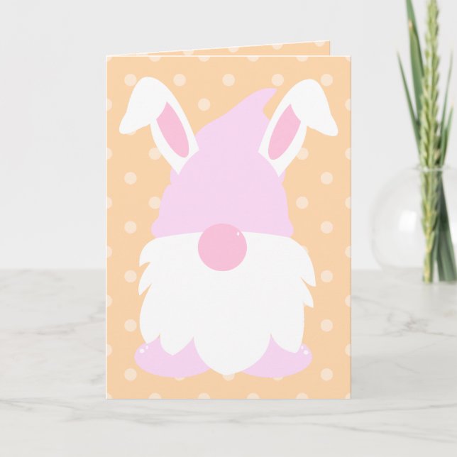Cartão De Festividades Peach Pastel Polka Dot Gnome Bunny (Frente)