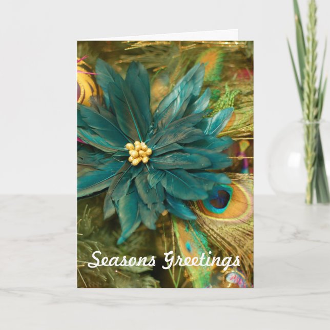 Cartão De Festividades Peacock Feather Poinsettia Christmas Greeting Card (Frente)