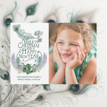 Peacock Feathers Succulents Holiday Photo Card