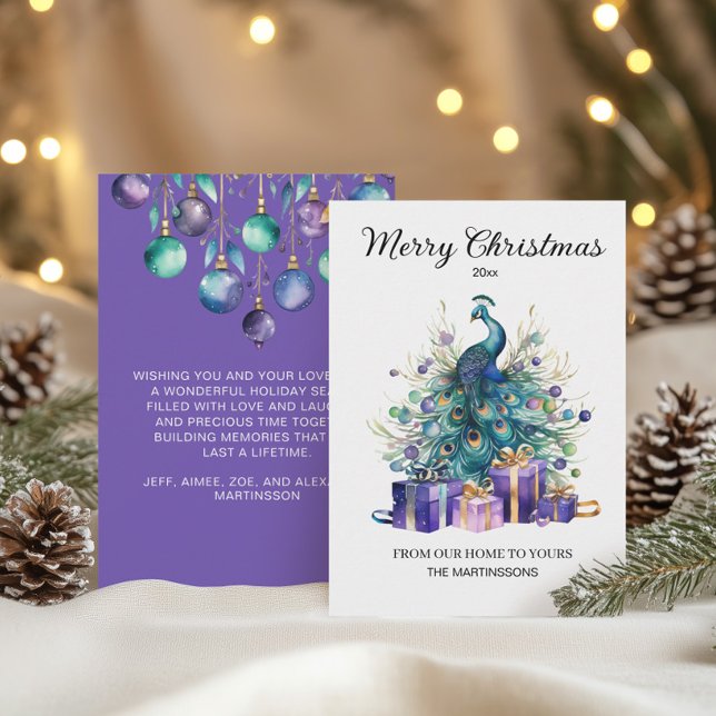 Cartão De Festividades Peacock Felry Natal Purple Blue Teal (Peacock Christmas greeting card)
