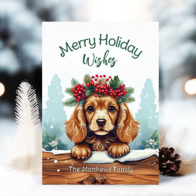 Cartão De Festividades Peeking Cocker Spaniel Feliz Deseja Retrato Pet (Adorable Winter Snowy Scene With Peeking Dogs or Farm/Woodland Animals - Over 50 to Choose From!)