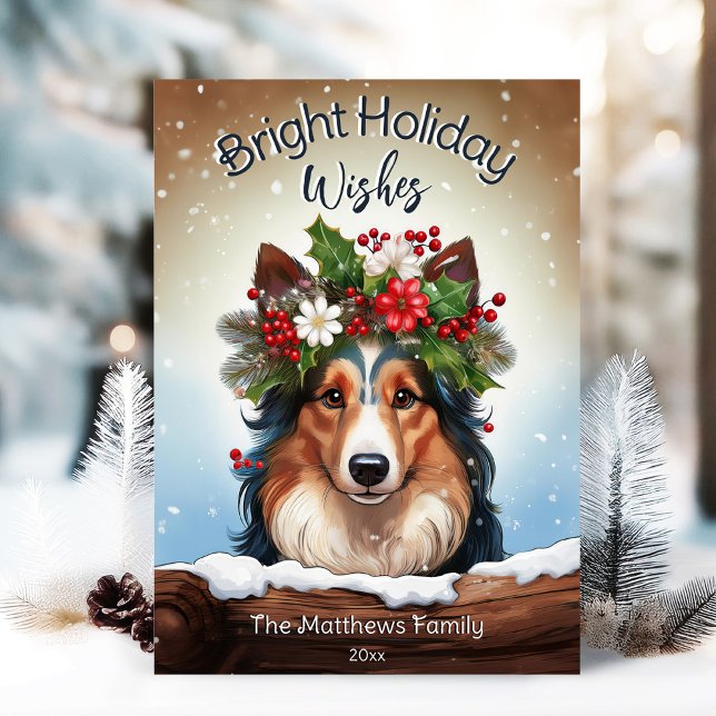 Cartão De Festividades Peeking Collie Bright Deseja Retrato Pet De Invern (Adorable Winter Snowy Scene With Peeking Dogs or Farm/Woodland Animals - Over 50 to Choose From!)