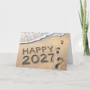 Cartão De Festividades Pegadas na Praia do Ano Novo 2027