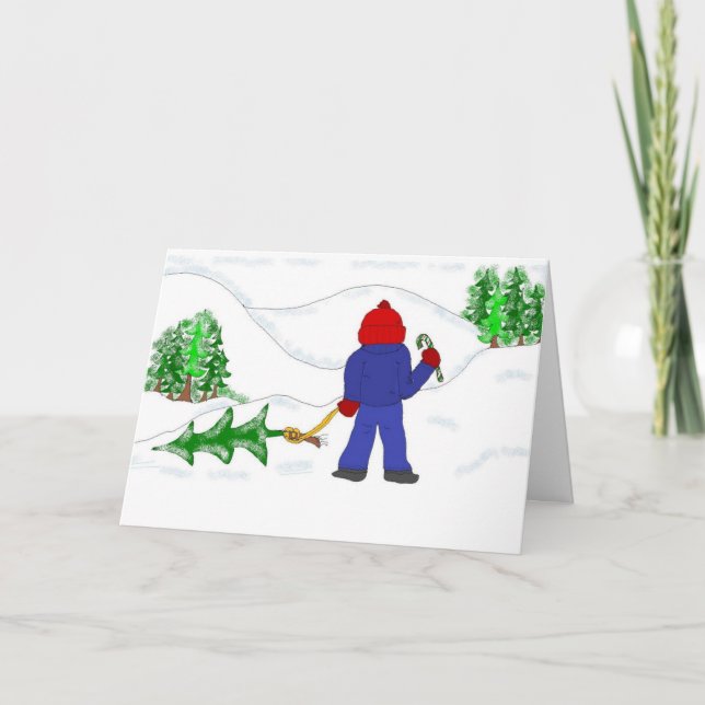 Cartão De Festividades Pegando a Árvore de Natal (Frente)