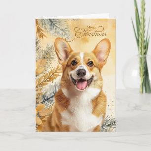 Cartão De Festividades Pembroke Welsh Corgi Cachorro e Pinheiros Dourados
