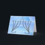 Cartão De Festividades Pen and Ink Fancy Chanukah Menorah on Blue Field<br><div class="desc">My pen and ink devised a beautiful Recoco Chanukah menorah which I decided would look lovely against this watercolor background. Digital manipulation made that possible and here's your Chanukah card!</div>
