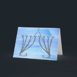 Cartão De Festividades Pen and Ink Fancy Chanukah Menorah on Blue Field<br><div class="desc">My pen and ink devised a beautiful Recoco Chanukah menorah which I decided would look lovely against this watercolor background. Digital manipulation made that possible and here's your Chanukah card!</div>