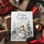 Cartão De Festividades Pena de inverno Snowman Natal<br><div class="desc">Cena de inverno com Aquarela,  Cartão de Natal. Recursos,  árvores florestais e boneco de neve festivo com tipografia azul-marinho escura e cor de fundo.</div>