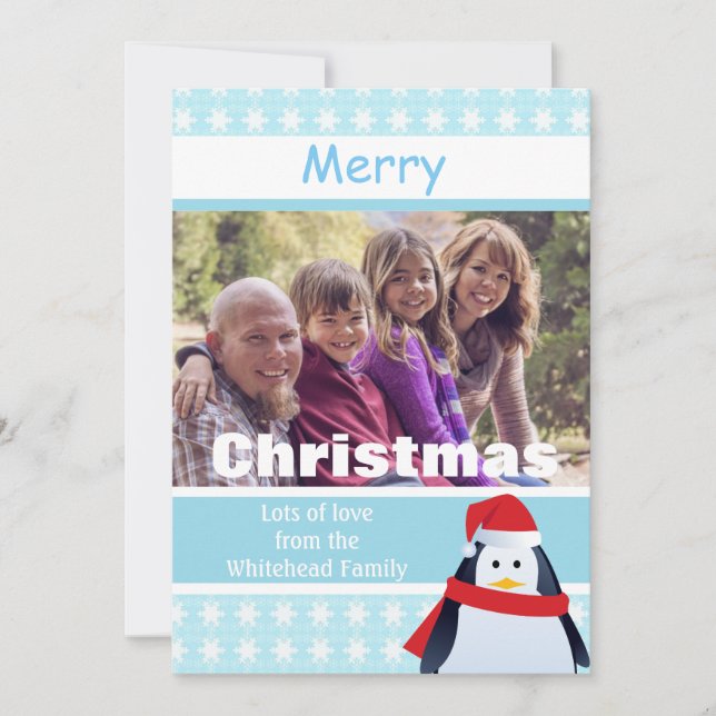 Cartão De Festividades Penguin and Snowflakes Custom Photo (Frente)
