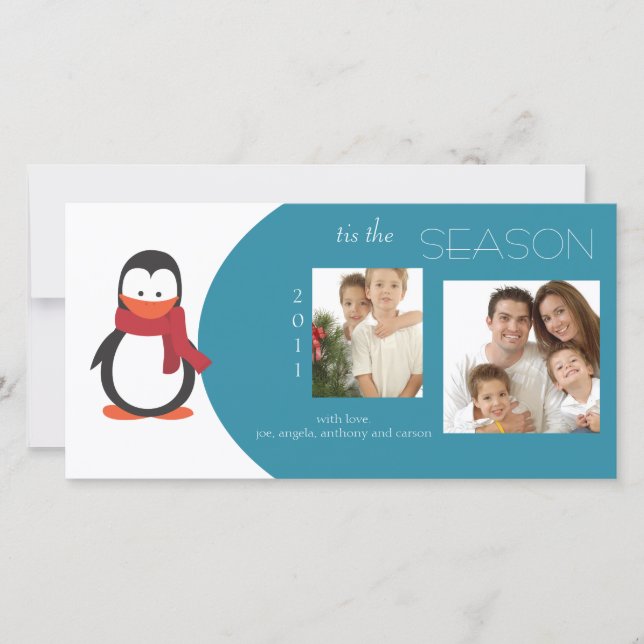 Cartão De Festividades Penguin Blue Holiday Photo Card (Frente)