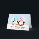 Cartão De Festividades Penguin Couple Christmas Cards<br><div class="desc">Customizable Christmas cards featuring a couple of owls perched on a branch and snowflakes on a blue background.
 Sanqunetti Design</div>