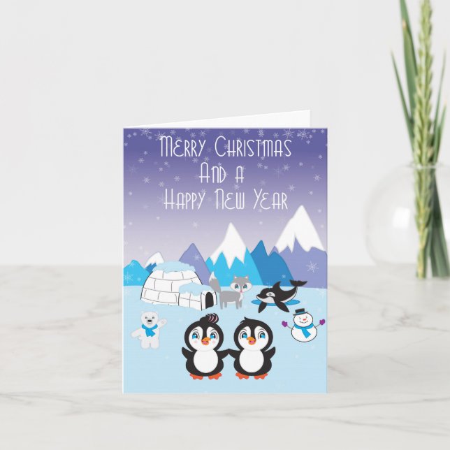 Cartão De Festividades Penguin Friends Arctic Christmas Card (Frente)