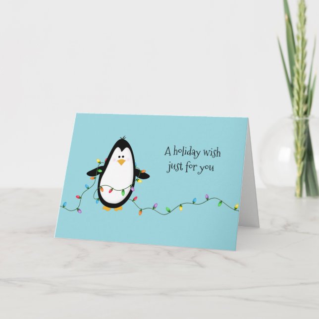Cartão De Festividades Penguin Fun Holiday Lights Christmas Greeting (Frente)