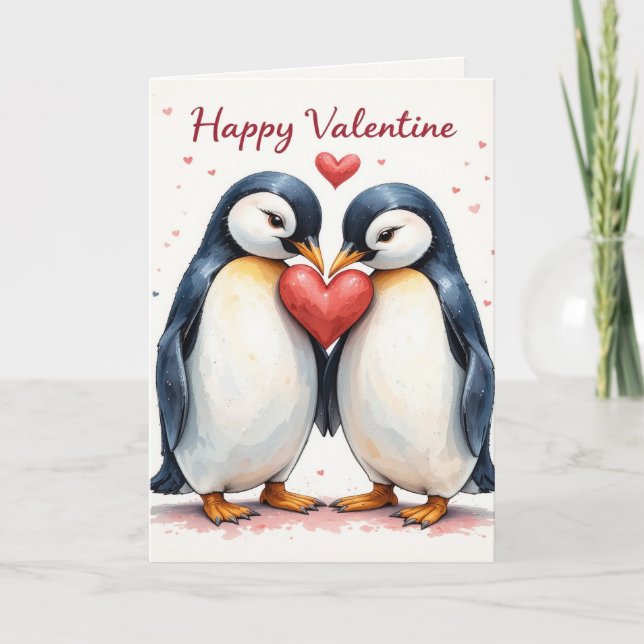 Cartão De Festividades Penguin Heart Valentine Cute Couple Romantic  (Frente)