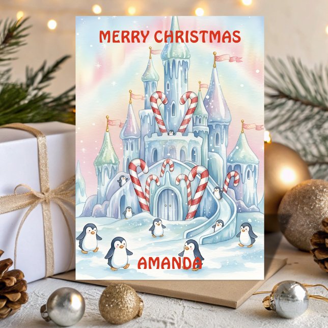 Cartão De Festividades Penguin Ice Castle Kids Christmas Card (Criador carregado)