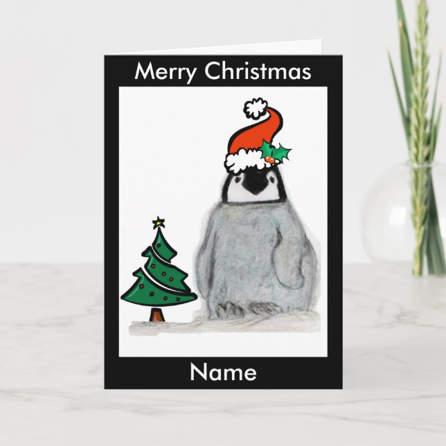 Cartão De Festividades Penguin Santa Hat Christmas Art Cart personalise (Frente)