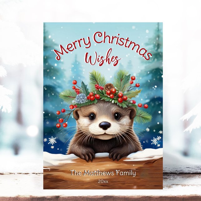Cartão De Festividades Pequena Otter Peeking Holly e Pine Feliz Natal (Adorable Winter Snowy Scene With Peeking Dogs or Farm/Woodland Animals - Over 50 to Choose From!)