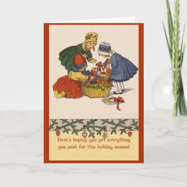 Cartão De Festividades Pequenas garotas e Caixa de Presentes Arte Feriada (Frente)