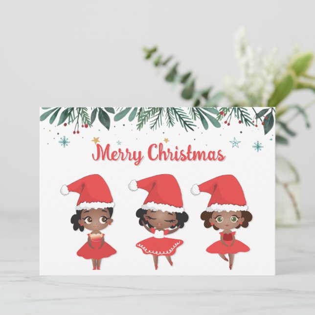 Cartão De Festividades Pequenas Meninas Natal Santa Hat Ballerinas (Em pé/Frente)