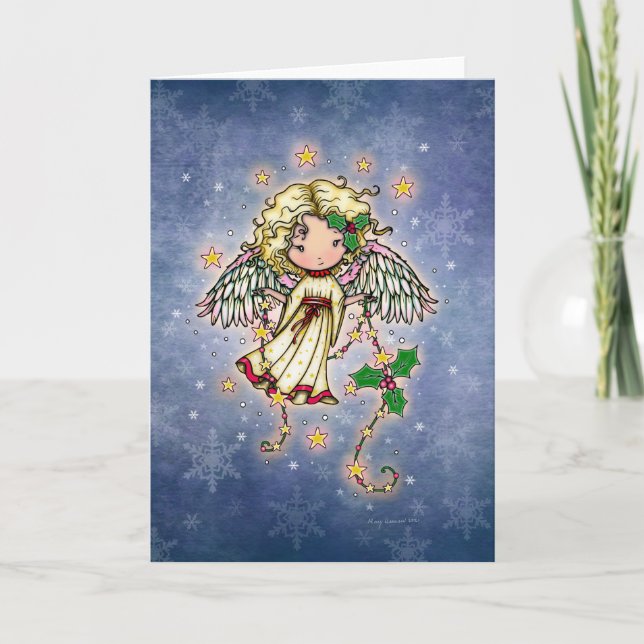 Cartão De Festividades Pequeno Anjo de Natal com Arte de Folhas de Azevin (Frente)