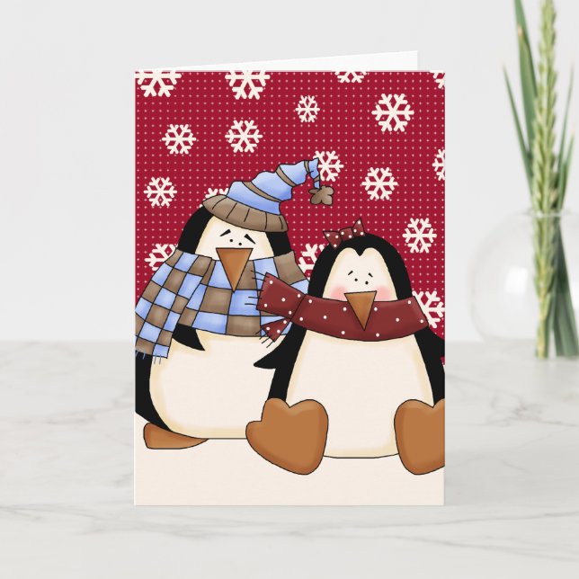 Cartão De Festividades Pequeno Casal Pinguim Bonito (Frente)