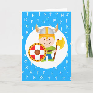 Cartão De Festividades Pequeno e Bonitinho Viking Corre Fundo Azul