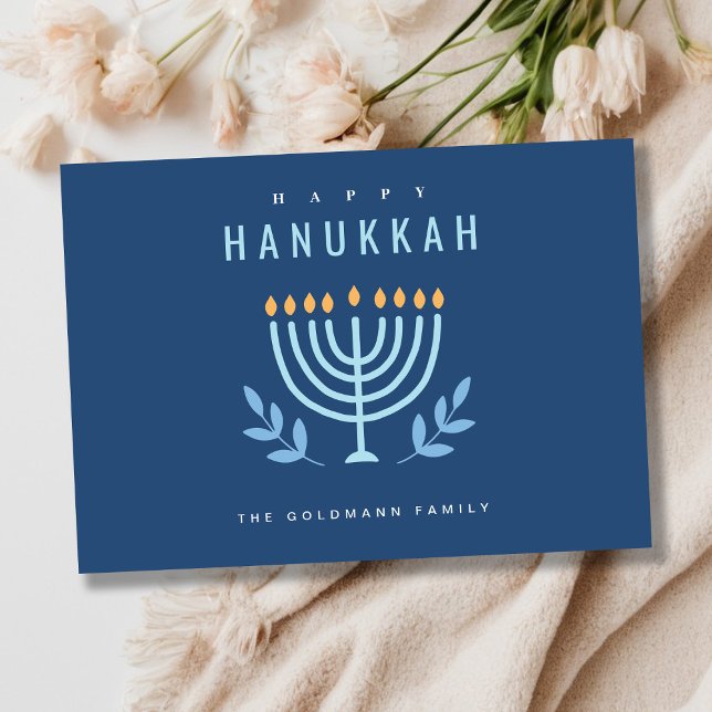 Cartão De Festividades Pequeno e simples velas de menorah azul feliz Hanu (Criador carregado)