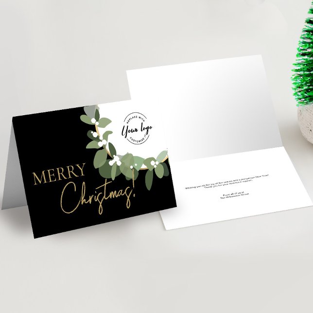 Cartão De Festividades Personalização Dourada do logotipo da Companhia de (Minimal Folded Modern Wreath Custom business logo Merry Christmas Card)