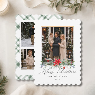 Cartão De Festividades Personalizado 3 Foto Script Verde Oliva Xadrez