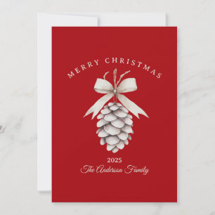 Cartão De Festividades Personalizado creme branco pinha de Natal vermelho