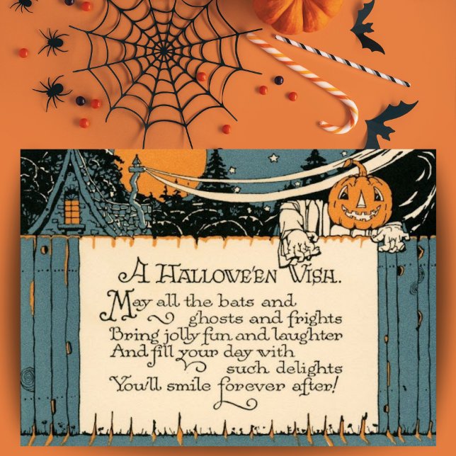 Cartão De Festividades Personalizado de Abóbora Fantasma Halloween Desejo (Vintage Pumpkin Ghost Halloween Wishes Custom Card with editable message. Just add your name!)