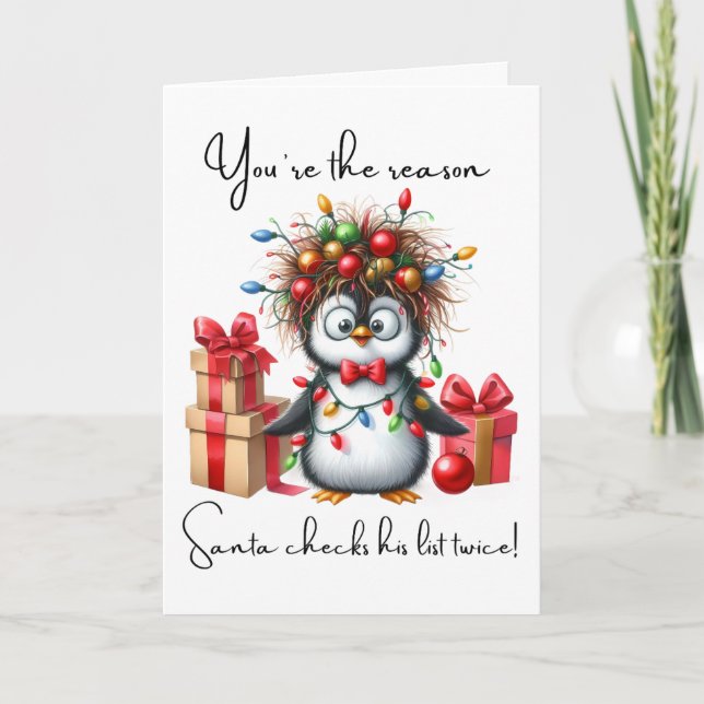 Cartão De Festividades Personalizado Feliz Natal Pinguim engraçado para a (Frente)