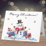 Cartão De Festividades Personalizado, Retro Snowman Bravo Feliz Natal<br><div class="desc">Um cartão de inverno alegre e divertido, decorado com um boneco de neve com um chapéu, rodeado por pacotes embrulhados e caindo estrelas de ouro. Altere facilmente o texto do script na moda na frente, dentro e de volta para torná-lo seu usando o Modelo. Envelope branco incluído ou marca "nenhum"...</div>