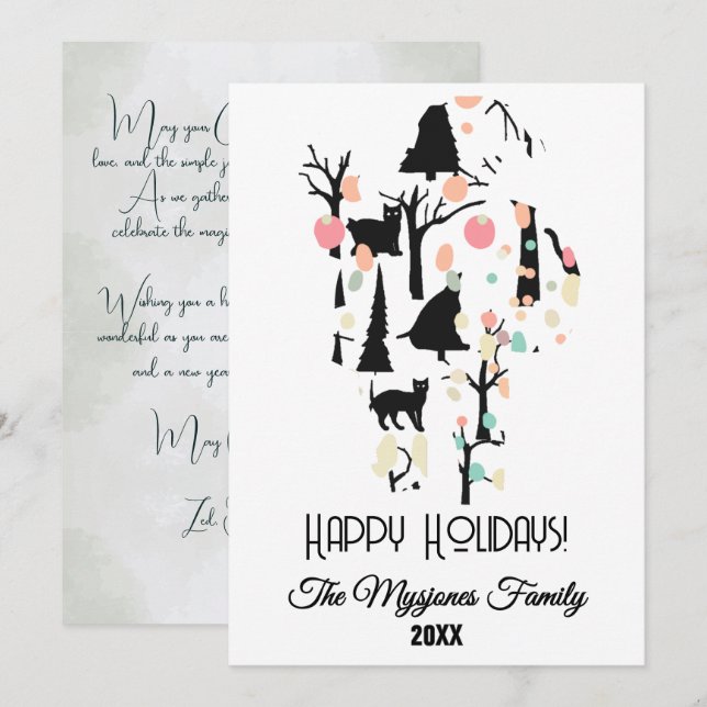 Cartão De Festividades Personalizado RetroMinimalista Gatos Pretos & Galh (Frente/Verso)