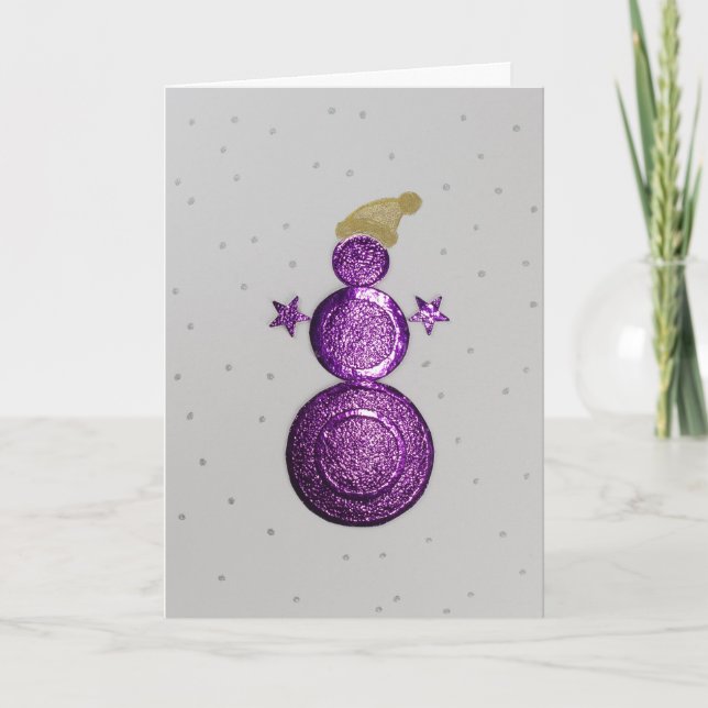 Cartão De Festividades Personalizar boneco de neve roxo e estrelas pratea (Frente)