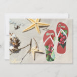 Cartão De Festividades Personalize beach Christmas | holly and star fish<br><div class="desc">Personalize this unique holiday greeting card. Family celebrating Christmas at the beach. Upload your photo,  personalize with names. Star fish,  flip flops,  holly and berries.</div>