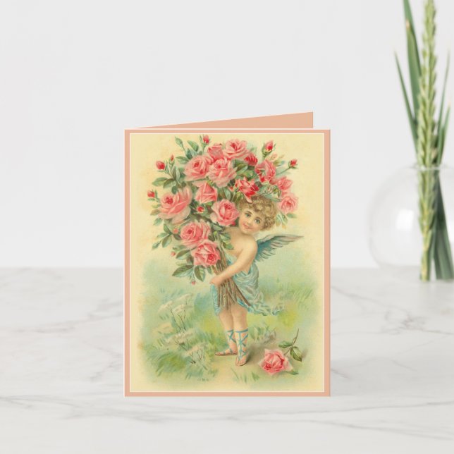 Cartão De Festividades Personalize o Cupid Angel com Rosas (Frente)