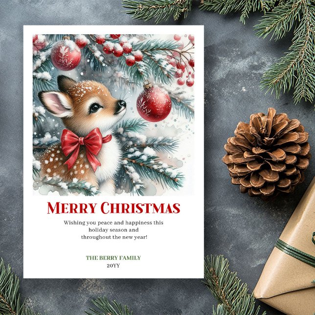 Cartão De Festividades Personalized Baby Fawn Winter Scene Watercolor  (Personalized Baby Fawn Winter Scene Watercolor Greeting Card

)