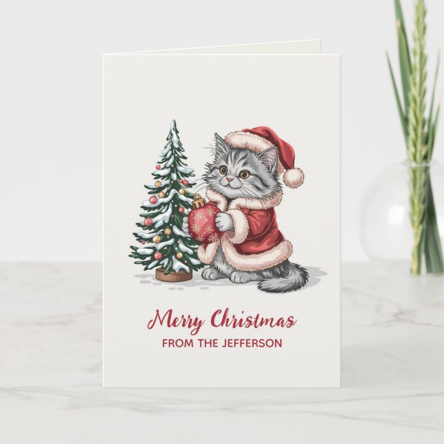 Cartão De Festividades Personalized Cat with Santa Hat Christmas tree (Frente)