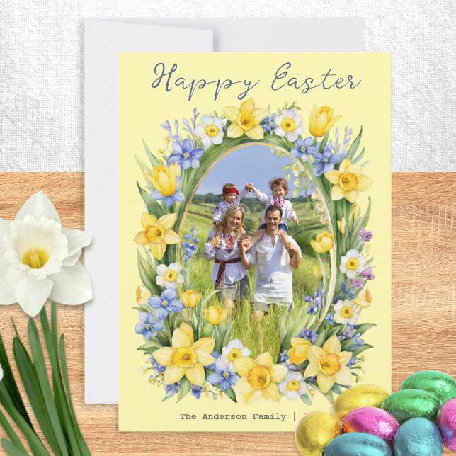 Cartão De Festividades Personalized Family Photo Spring Flowers Easter (A pretty Easter card with 'frame' of Spring flowers, to personalize with a photo, name(s) and year)