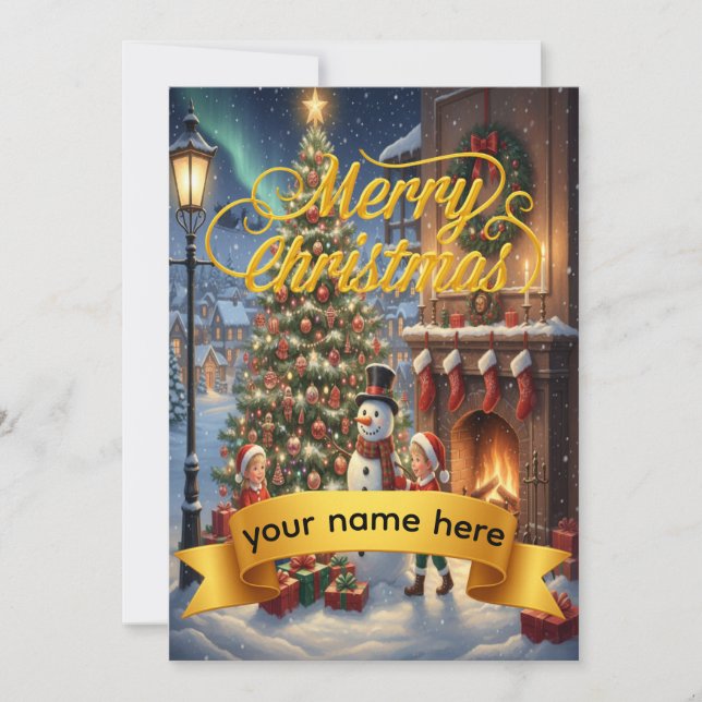 Cartão De Festividades Personalized Gold Ribbon Winter  Christmas Card (Frente)