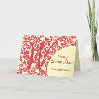 Cartão De Festividades Personalized & Monogram Red Damask Chrismukkah