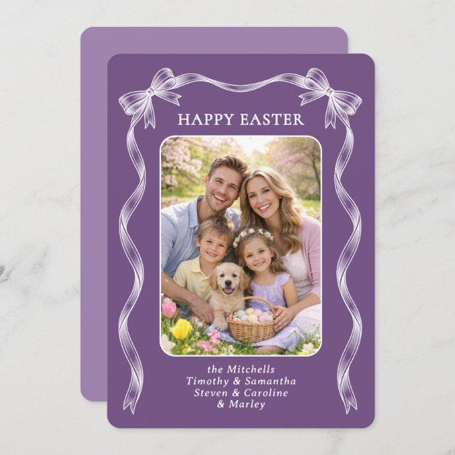 Cartão De Festividades Personalized Photo White Ribbon On Violet Easter (Frente/Verso)