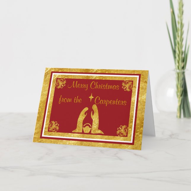 Cartão De Festividades Personalized Red & Gold Nativity Christmas Card (Frente)