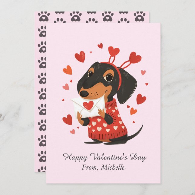 Cartão De Festividades Personalized Red Hearts Dachshund Valentine's Day  (Frente/Verso)
