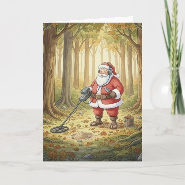 Cartão De Festividades Personalized Santa doing Metal Detecting in forest (Frente)