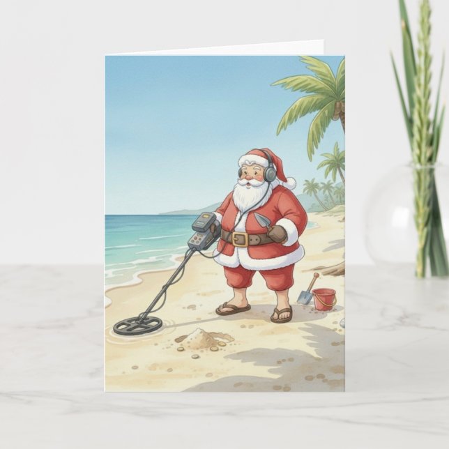 Cartão De Festividades Personalized Santa doing Metal Detecting on beach (Frente)